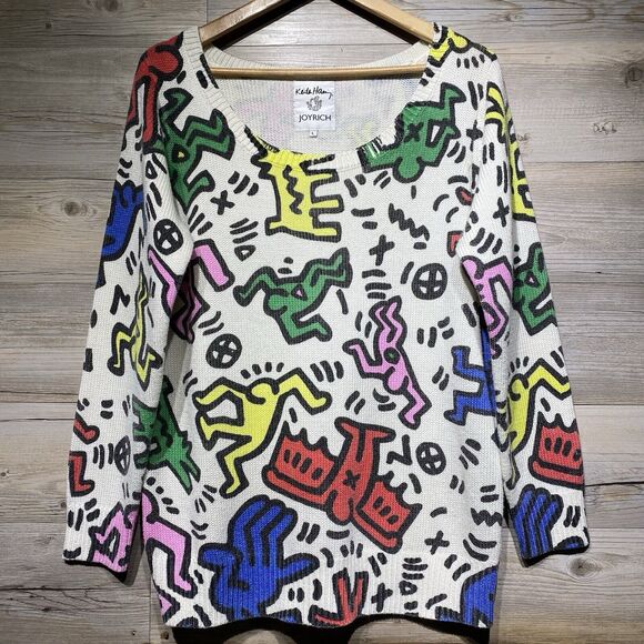 JOYRICH X Keith Haring Sweater Size Large Multicolor Dancing People Dogs Pop Art - Picture 1 of 13